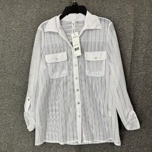 NY Collection White Striped Button Down Shirt Roll Tab Sleeve PM